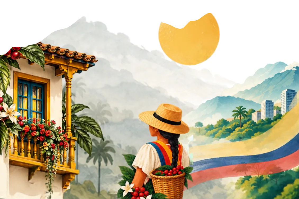 Balcón colonial con flores, mujer con canasto de café y bandera de Colombia frente a las montañas del Eje Cafetero