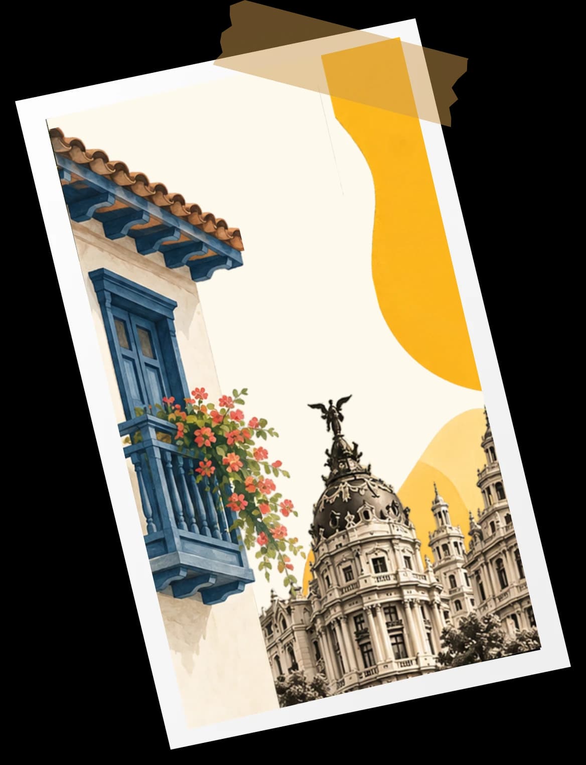 Polaroid ilustrada de un balcón colonial azul con flores junto a un edificio clásico de Madrid